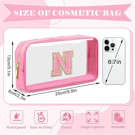 Personalized Initial Letter Clear Makeup Bag,Preppy Small Nylon&PVC Cosmetic Zipper Bag with Chenille Letter,Portable Beach Travel Skincare Toiletry Bag,Trendy Monogram Gift for Teen Girls Women,N