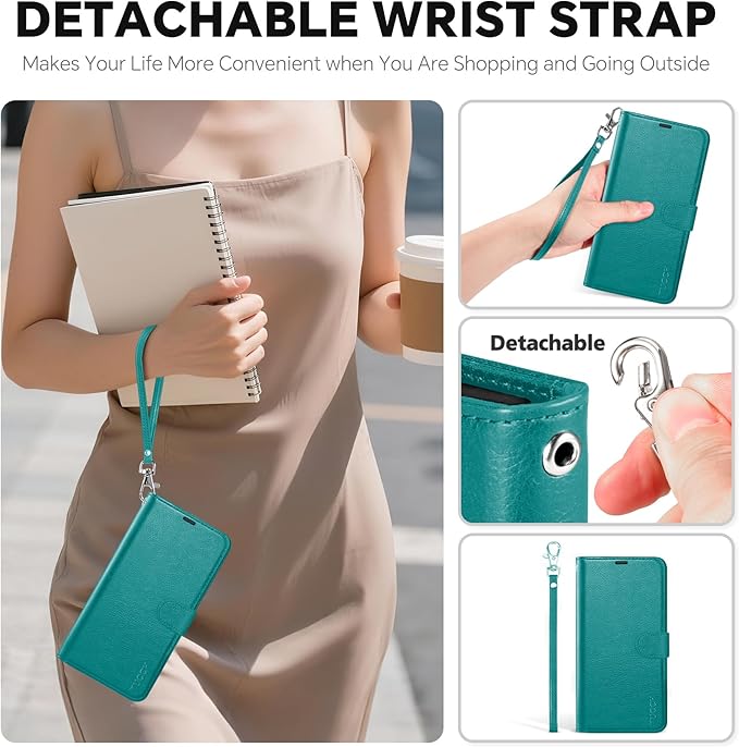 TUCCH Detachable Case Wallet for iPhone Air (6.5") 2025, Wrist Strap | 4 Card Slots RFID Blocking | Wireless Charging | Stand | 2-in-1 Magnetic | PU Leather | Shockproof Folio Cover | Cyan