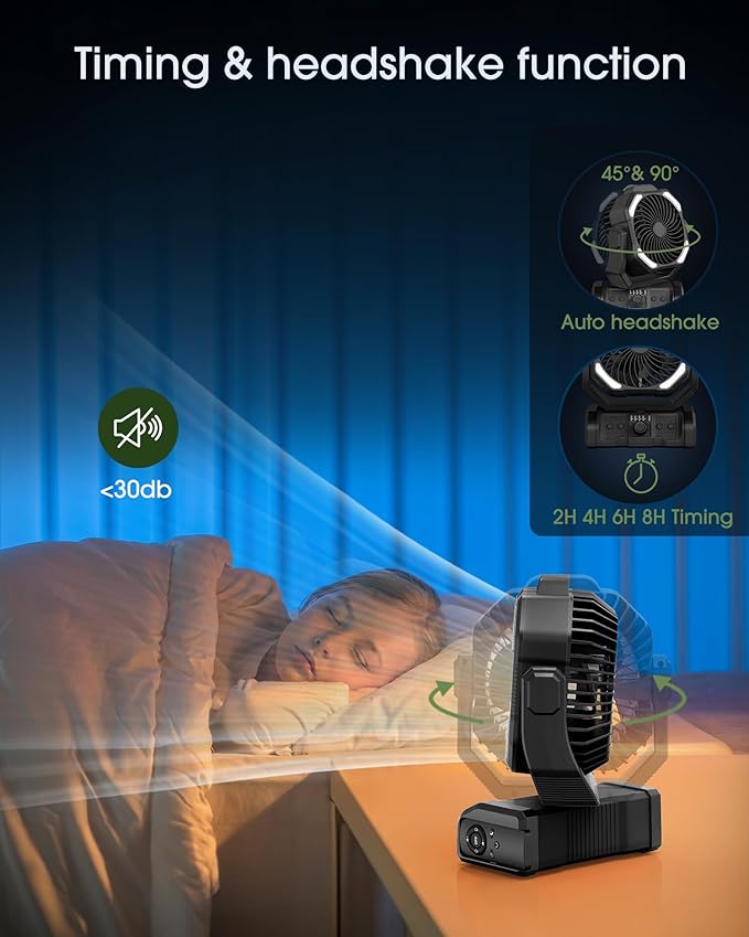 Portable Rechargeable Camping Fan - 20000mAh Cordless Battery Powered Tent Fans with LED Lantern, Remote Auto Oscillating USB C Operated Table Ventilador for Travel Picnic Barbecue Outdoor