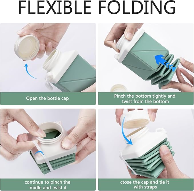 24oz Collapsible Water Bottles,Food grade BPA Free Reusable Foldable Water Bottle Lightweight LeakProof for Travel Hiking Camping Cycling Outdoor Sports,Collapses Folding Water Bottle,Green
