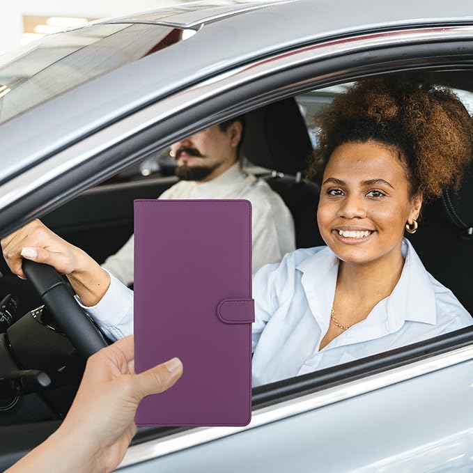 Car Registration and Insurance Holder, Leather Magnetic Shut Vehicle Glove Box Organizer for Document, Card, Driver License, Purple
