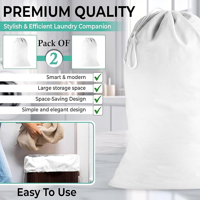 2 Pack - Extra Large Cotton Laundry Bag, Heavy Duty Large Laundry Bags 24 x 36 inch XL Drawstring Travel Organizer Bag Fit Hamper Basket Camp (WHITE, Pack of 2)