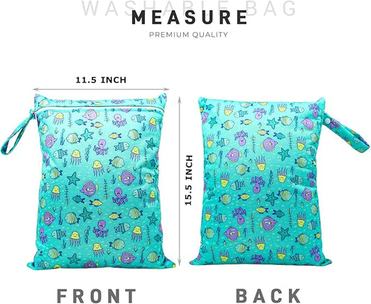 Wet Dry Bag Waterproof Reusable Wet Bag for Swimsuit, Travel, Beach, Pool, Bathing Suit, Diapers, Dirty Yoga Gym Clothes Daycare Organizer One Zippered Pocket (fish turtle)