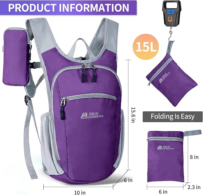 HIGH EXPERIENCE Hiking Backpack 10L/15L Small Daypack Lightweight Packable Travel Foldable Water Resistan for Women Men (Deep Purple, 15L)