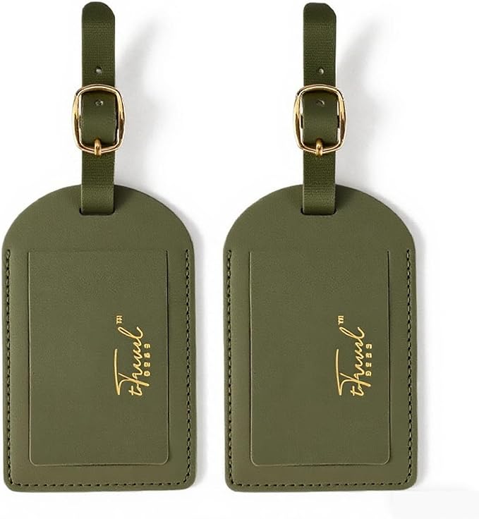 Luggage Tags for Suitcases,2 Pack PU Leather Privacy Protection Bag Tags Travel Accessories Essentials,Army Green