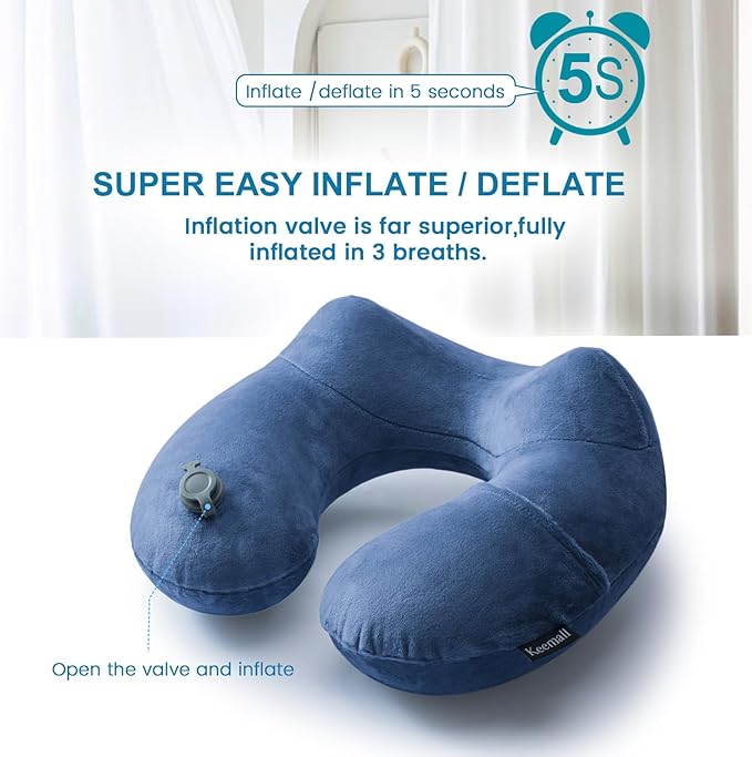 Inflatable Neck Pillow Airplane, Comfortable Inflatable Travel Neck Pillows for Airplanes Traveling on Plane, Soft Plush Cover Head Neck Rest Sleeping Long Flight for Car Train Office Home