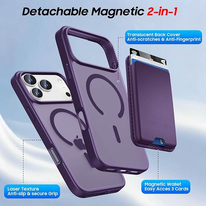 Ntwinro Magnetic for iPhone 17 Pro Case (Compatible with MagSafe) with Detachable Wallet & Card Holder for 3 Cards [RFID Blocking] Military Grade Protective Slim Phone Cover, Purple