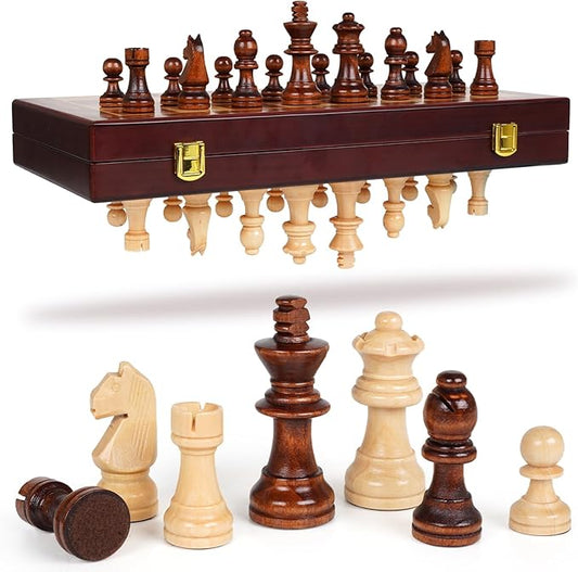 Wooden Magnetic Chess Set –15-Inch Foldable Wooden Chess Board with Magnetic Pieces, Portable Travel Chess Set for Adults and Kids, Classic Board Game with 2 Extra Queen
