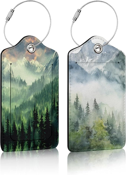 2 Pack Luggage Tag for Suitcase,Misty Forest Luggage Tag with PU Leather Privacy Cover ID Label & Stainless Steel Loop for Women Men Travel Bag Suitcase