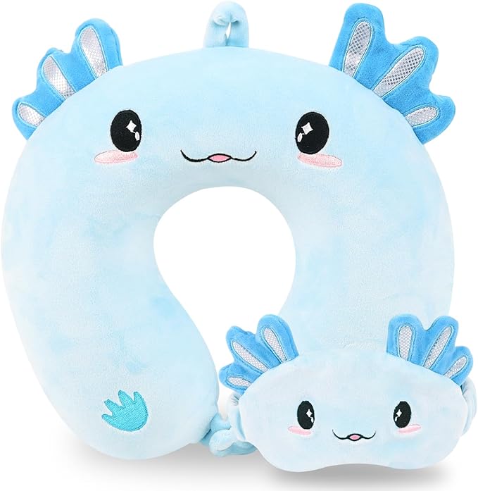 Travel Pillow, Kids Travel Pillow with Sleep Eye Mask Soft Memory Foam Kids Neck Pillow for Boys & Girls, Travel Accessories for Car Airplane Traveling - Blue Axolotl