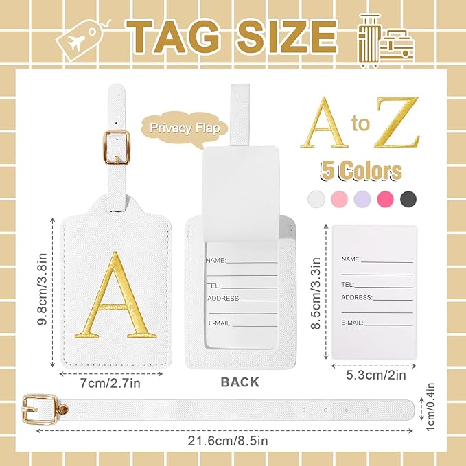 Personalized Initial Luggage Tags for Suitcase TSA Approved, White Leather Cute Luggage Tag with Privacy Cover Name Card, Embroidered Custom Luggage Tags Travel Baggage Tags Gifts for Women Kids(A)