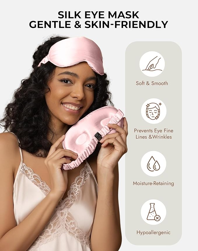 SilkSilky 100% 22 Momme Mulberry Silk Sleep Mask – Upgraded 3D Contoured Eye Mask with Nose Wing Pads & Adjustable Strap, Luxury Blackout Eye Cover for Women & Men (Pink)