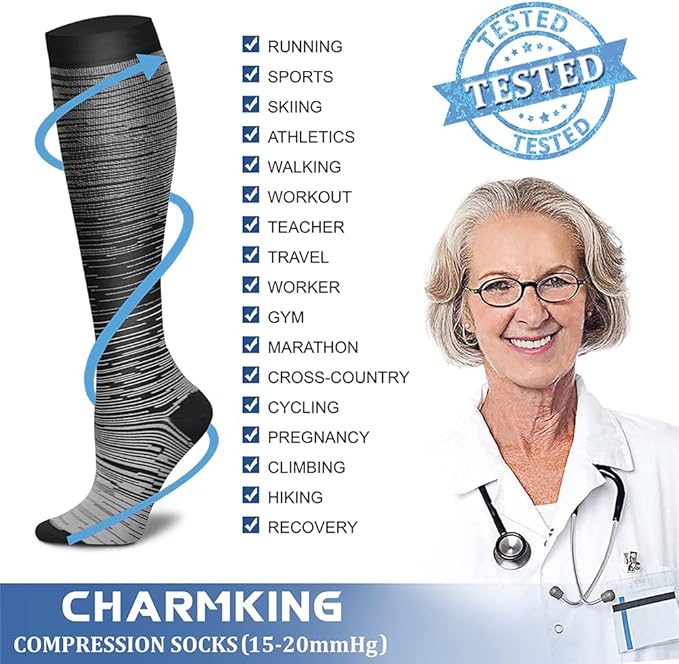 CHARMKING Compression Socks for Women & Men Circulation (8 Pairs) 15-20 mmHg is Best Support for Athletic Running,Cycling