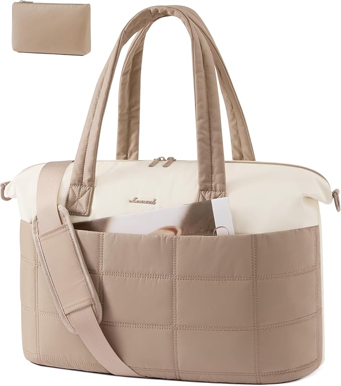LOVEVOOK Quilted Duffle Bag for Travel,36L Gym Bag for Women with Wet Pocket,Water Resistant Weekender Overnight Bag Tote Bag for Women with Laptop Compartment(Khaki)