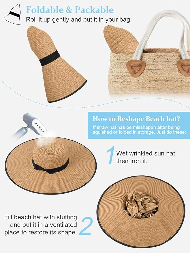 Senker Fashion Sun Hats for Women Oversize Wide Brim Straw Beach Hat Floppy Foldable Roll-Up Summer Vacation UPF 50+