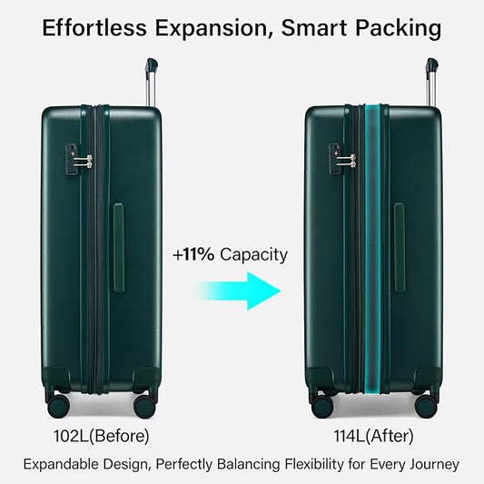 Hanke Expandable 28 Inch Luggage with Spinner Wheels, Hardside Large Suitcase, All-PC Hard Shell Checked Luggage, TSA Lock, Durable Checked-Large (Blackish Green, 114L)