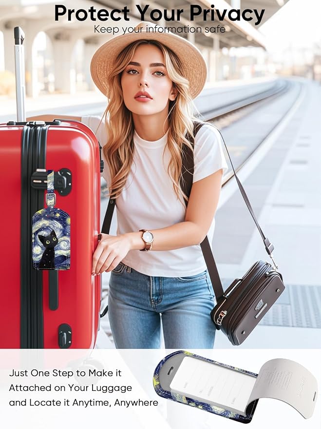 Luggage Tags Built-in Anti-Loss Tracker, Luxury Leather Luggage Tags for Suitcase, Travel Bags, Backpacks, Travel Organizer for Lost Baggage Prevention (Starry Cat)