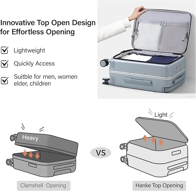 Hanke Top Opening Carry On Luggage, 20 Inch Zipperless Aluminum Frame Wide Handle Luggage, All-PC Hard Shell Trunk Suitcase with Spinner Wheels, TSA Airline Approved (Grey, 40L)