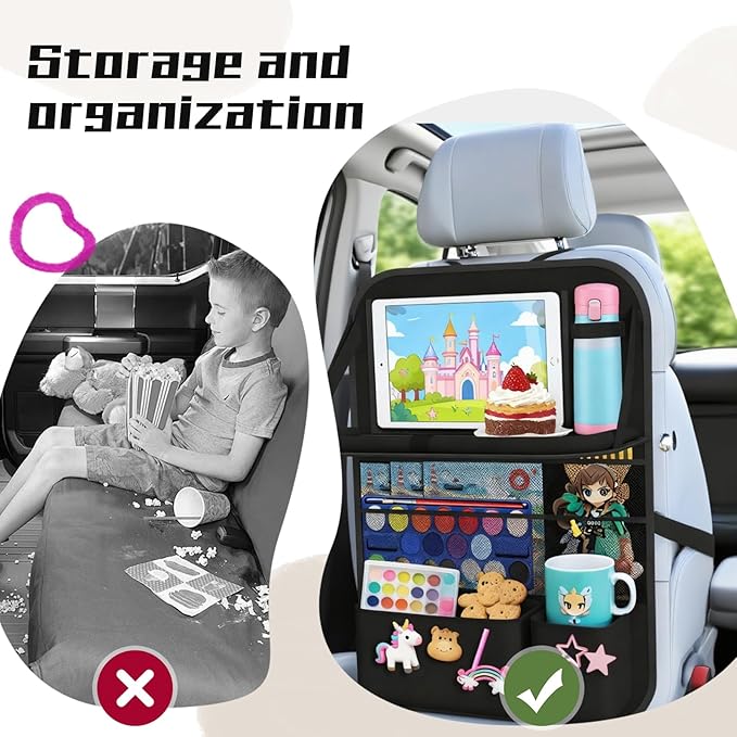 2 Pack Black Backseat Car Organizer with Tablet Holder & Six Storage Pockets - Back of Seat Car Organizer, Road Trip Essentials, Kick Mats for Kids, Vehicle Tidy Protector