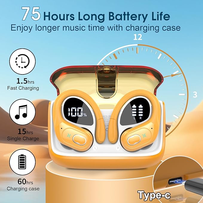Wireless Earbuds 75hrs Bluetooth 5.4 Headphone Sport, 2025 Bluetooth Earbuds Stereo Deep Bass Over Ear Bud with Earhooks, ENC Noise Cancelling Mic, IPX7 Waterproof Earphone, Yellow