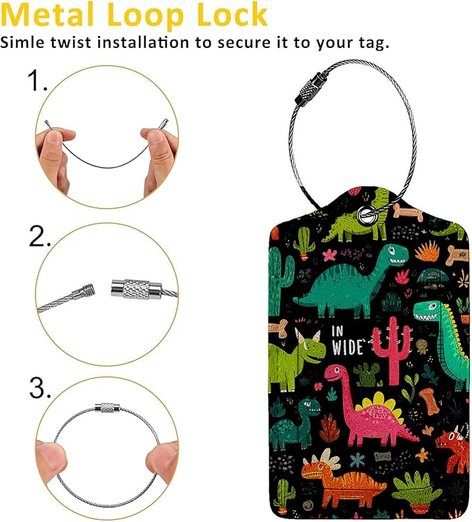 Cute Cartoon Dinosaur Luggage Tag 3 Pack Travel Cruise Luggage Tags for Suitcases, Identifiers Bag Tags with Privacy Flap, Baggage Name Tag for Women Men Luggage Backpack Handbag School Bag