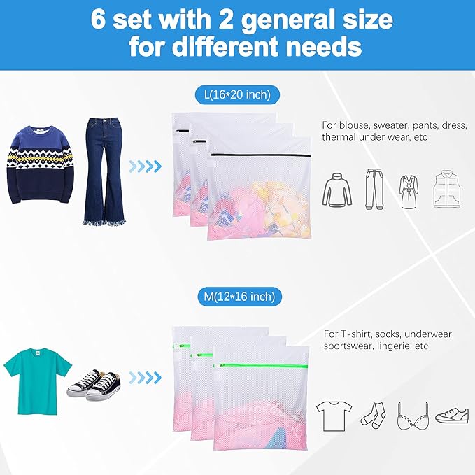 GOGOODA Mesh Laundry Bags, Delicates Washing Bags for Sweater Blouse Hosiery Bras Premium Wash Bags for Travel Storage Organization (6 Set)