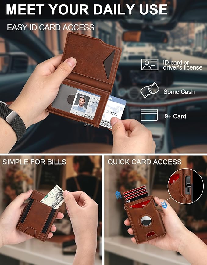 Airtag Wallet for Men, Minimalist Slim Mens Wallet Smart Pop Up Credit Card Holder for 9-13 Cards, RFID Blocking Wallet with ID Window & Cash Slot, Compact Bifold Metal Aluminum Card Case