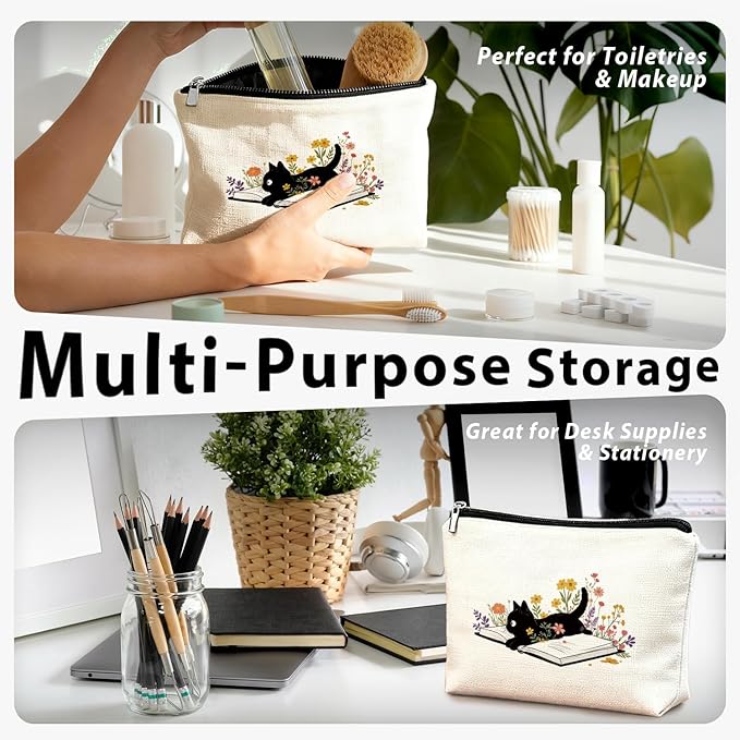 Cute Black Cat Flowers Make Up Bags for Women, Toiletry Bags, Make Up Travel Bag Organizer, Cute Black Cat Gifts for Women & Teen Girls, Cats Gifts Lovers