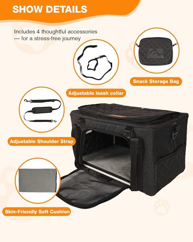 PETUX Airline Approved Cat Carrier for Small Cat - 16" x 10" x 9.5", Double Anti-Escape, Collapsible, Underseat, Under 10 lb with Removable Snack Bag, Safety Buckle, Leash - Ideal for Travel - Black