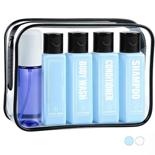 Leakproof Travel Shampoo Bottles for Toiletries TSA Approved Travel Size Toiletries Bottles, 3.4oz Refillable Squeeze Containers Set with Spray Bottle -5 Pack