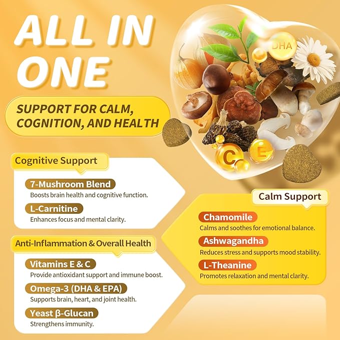 Advanced Calming Chews for Dogs-Brain & Composure Support with 7 Mushrooms, Ashwagandha, Omega-3 DHA & EPA, Anxiety Relief Dog Calming Treat, ll Breeds & Sizes Puppy, Chicken Flavor, 135Ct