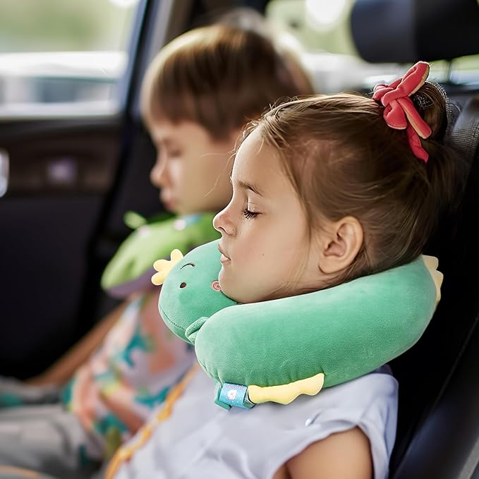 H HOMEWINS Travel Pillow for Kids,Cute Animal Toddler Neck Pillow for Boys Girls,Soft Neck Head Chin Support Pillow,Travel Accessories for Airplane, Car, Train,Recline(Green Dinosaur)