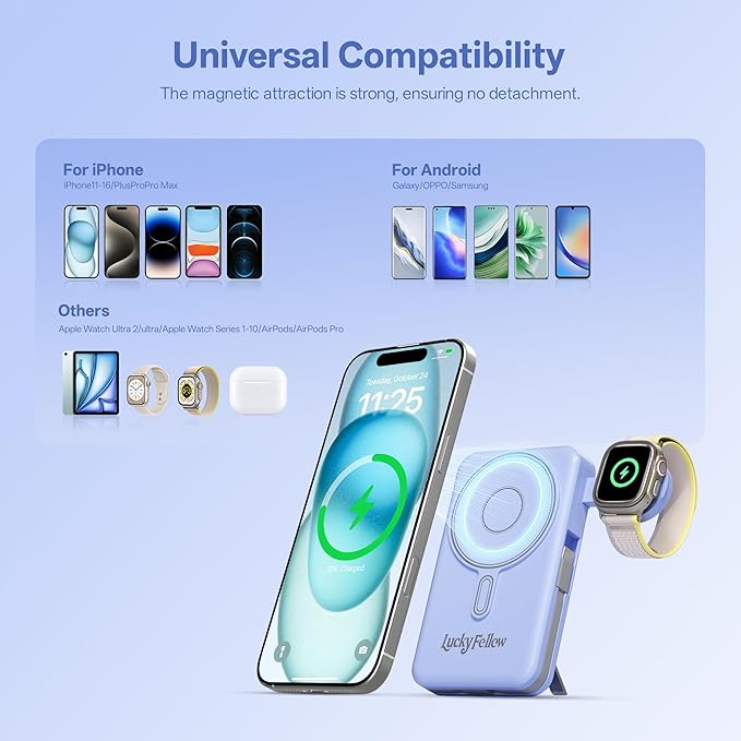 Magnetic Portable Charger Built-in Cables,10000mAh Fast Charging Wireless Charger Station External Battery Pack Slim Pocket Size Power Bank with Stand Compatible with iWatch, iPhone and Android Phones