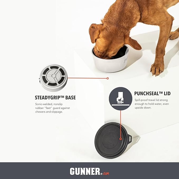 GUNNER Dog Bowl with Spill-Proof Travel Lid – 7.5" x 3.75", 1.3 lb, 7-Cup Capacity, BPA-Free, Rust-Proof, Shock-Resistant, Stackable, Dishwasher Safe, Leak-Resistant Nesting Lid – White