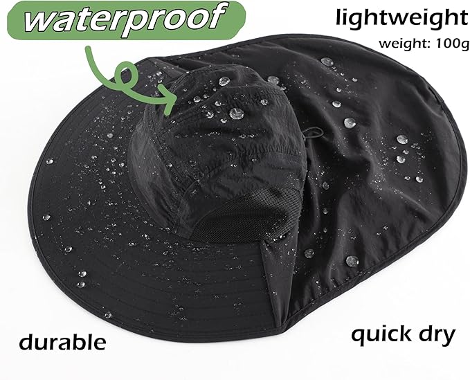 LLmoway Wide Brim Sun Hat with Neck Flap for Men Women Summer Outdoor UV Protection Breathable Fishing Hats with Strap