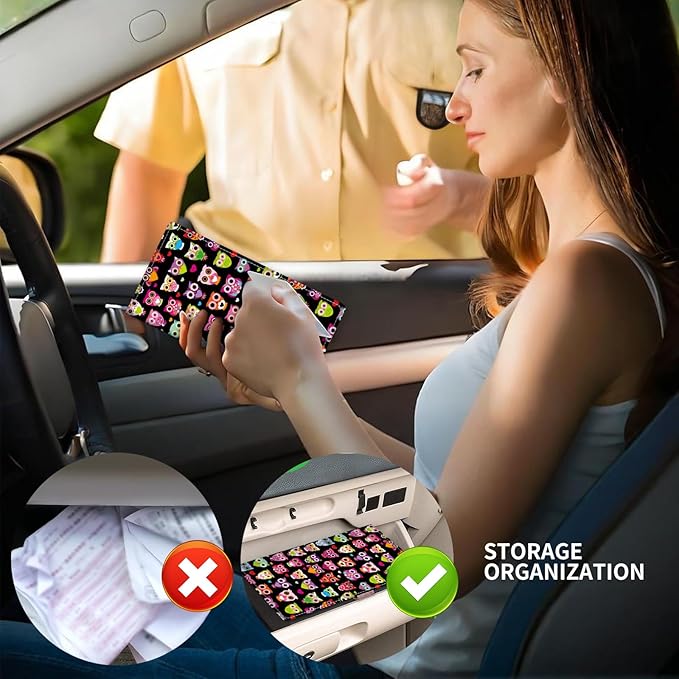 Leather Car Registration and Insurance Card Holder, Cute Car Accessories Vehicle Glove Box Car Organizer for Documents, Cards, License Cute Colorful Owls