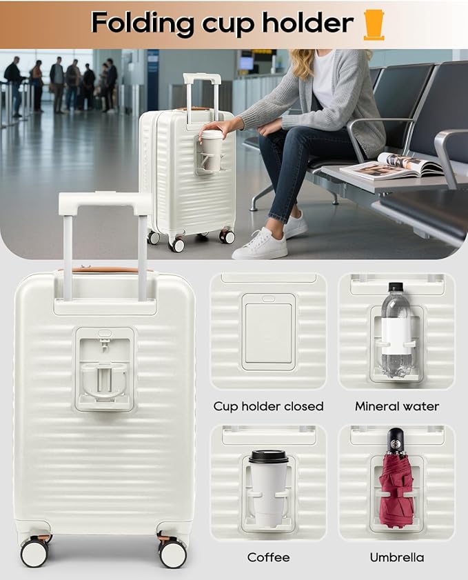 Joyway Carry on Luggage Airline Approved with Front Compartment and Cup Holder, 20 Inch Hard Shell Carry-on Suitcase with Spinner Wheels and TSA Lock for Women Men (Beige, 20 Inch)