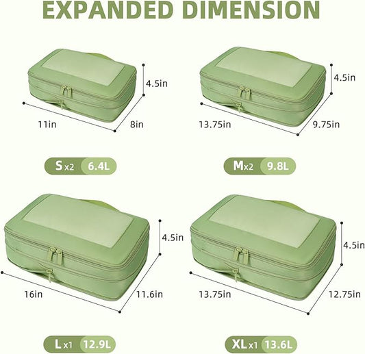 BAGAIL 4 Set/6 Set/8 Set Compression Packing Cubes Travel Accessories Expandable Packing Organizers (Square Mesh, 06-Matcha Green)