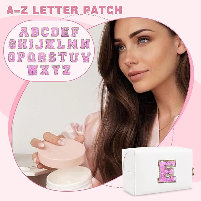 Small Initial Patch Makeup Bag Personalized Gifts Make Up Bag,White Cute PU Leather Glitter Letter Cosmetic Bag with Zipper,Trendy Portable Travel Toiletry Pouch,Preppy Stuff for Teen Girls Women E