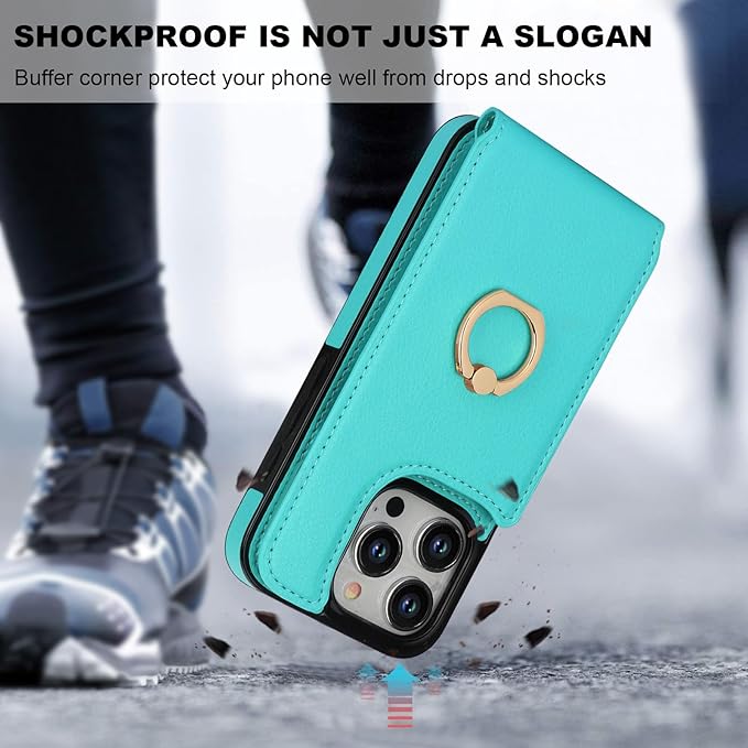 Folosu Compatible with iPhone 15 Pro Case Wallet with Card Holder, 360°Rotation Finger Ring Holder Kickstand, RFID Blocking Leather Protective Double Buttons Shockproof Cover 6.1 Inch Green