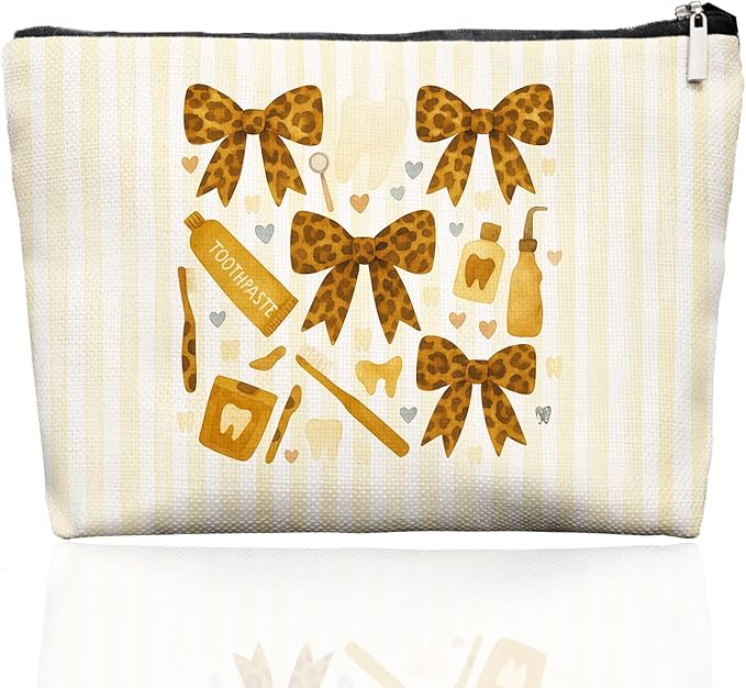 Cheetah Smile Dental Care Makeup Bag, Cute Tooth & Bow Cosmetic Pouch for Dental Assistant Hygienist Dentist Gift for Women