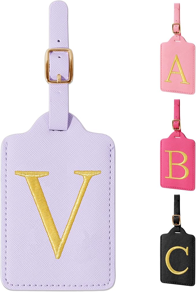 Personalized Initial Luggage Tags for Suitcase, Purple Leather Cute Luggage Tags with Privacy Cover Name Card, Embroidered Custom Monogrammed Luggage Tag Travel Backpack Tags Gifts for Women Kids(V)