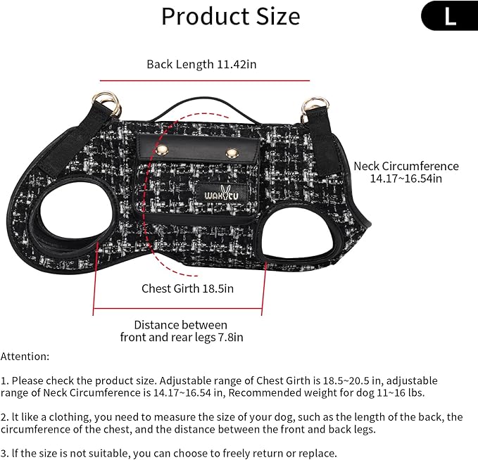 Wakytu Dog Lift Harness Dog Carrier Dog VES Harness Adjustable Dog Leash with Small Puppy Treat Bag（Black,L）