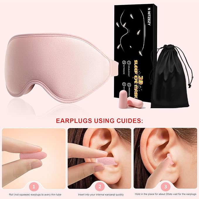 3D Sleep Mask with Earplugs, 100% Light Blackout Eye Mask for Sleep, Washable Sleeping Mask, 0 Pressure Eye Covers for Sleep with Wider Adjustable Strap, Only 1.3oz Light Soft Sleeping Mask (Pink)