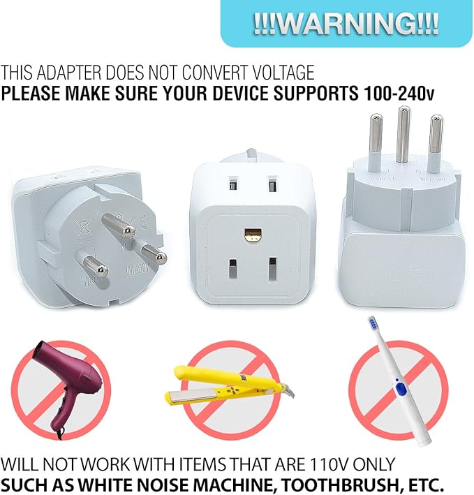 Ceptics Israel Plug Adapter - 2 in 1 Type H Adapter, US to Jersusalem Plug Adapter - Israel, Palestine Travel Adapter Plug, - Dual USA Inputs, CE, RoHS - 3 Pack