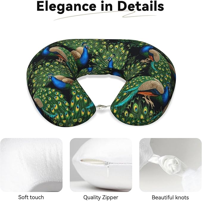 Travel Neck Pillows for Sleeping Rest Car Airplanes Peacock Art, Memory Foam with Removable Breathable Zipper Cover Washable for Men Women