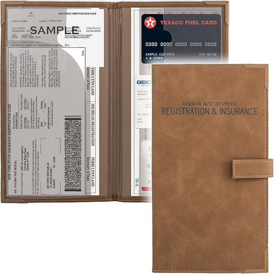 Auto Insurance and Registration Card Holder - Vehicle Glove Box Document Organizer - Car Essential Paperwork Holder for DMV, AAA, Contact Information Cards - Premium PU Leather Wallet Case - Brown