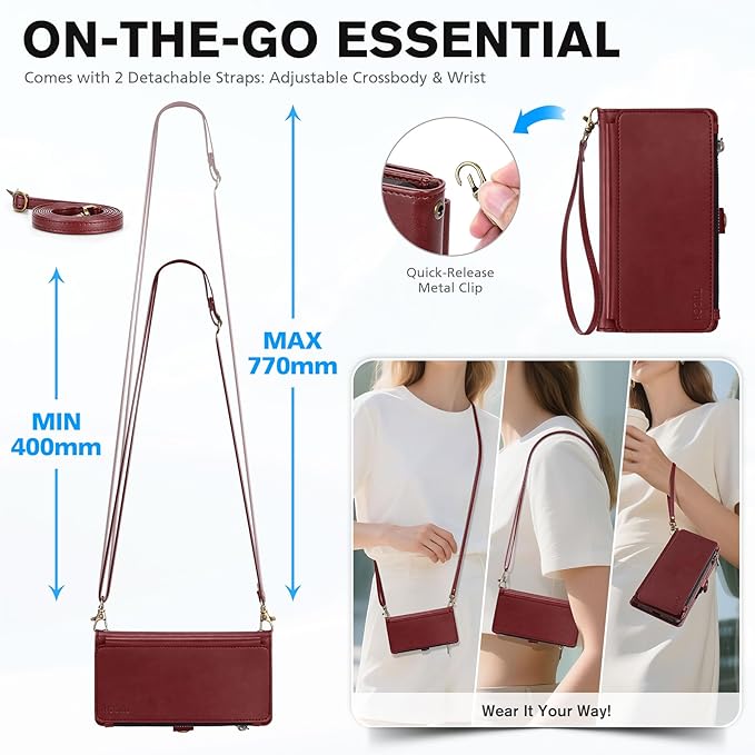TUCCH Detachable Crossbody Case Wallet for iPhone 17 Pro 6.3", Wireless Charging | RFID Blocking 9 Card Holders | Lanyard | Wrist Strap | Stand | Zipper Pocket | PU Leather | Magnetic Cover | Dark Red