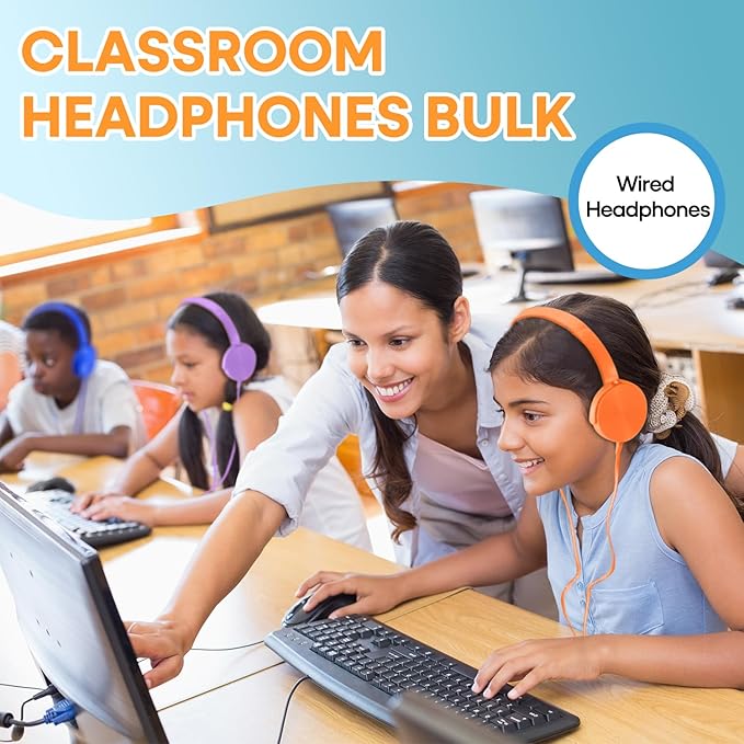 Kids Headphones Bulk 5 Pack for School Classroom K-12, Wholesale Class Set Durable Earphones for Students Children Toddler Teens Boys Girls and Adult (HY450, 5 Mixed)