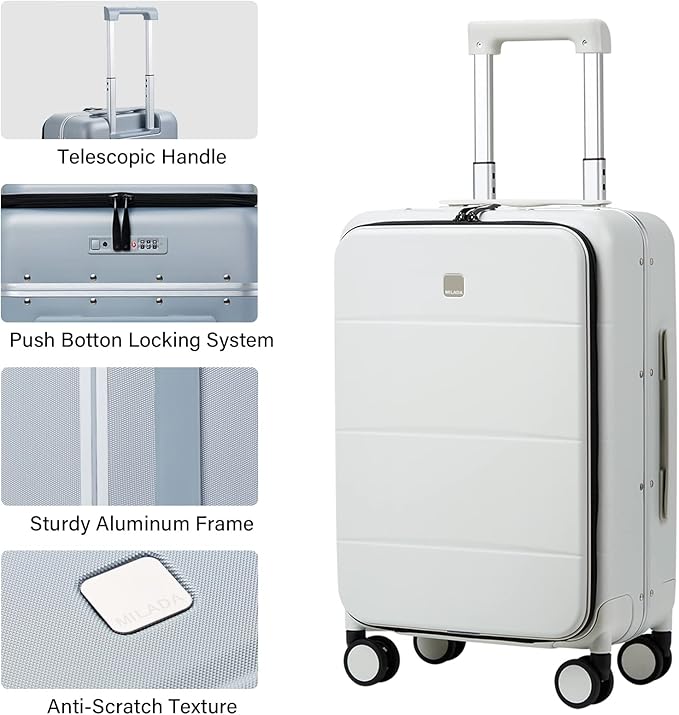 MILADA Carry On Luggage 22x14x9 Airline Approved Spinner Wheels TSA Luggage 20 Inch Hard Shell Suitcases Front Opening Pocket Rolling Aluminum Frame Travel Luggage,Smoke White
